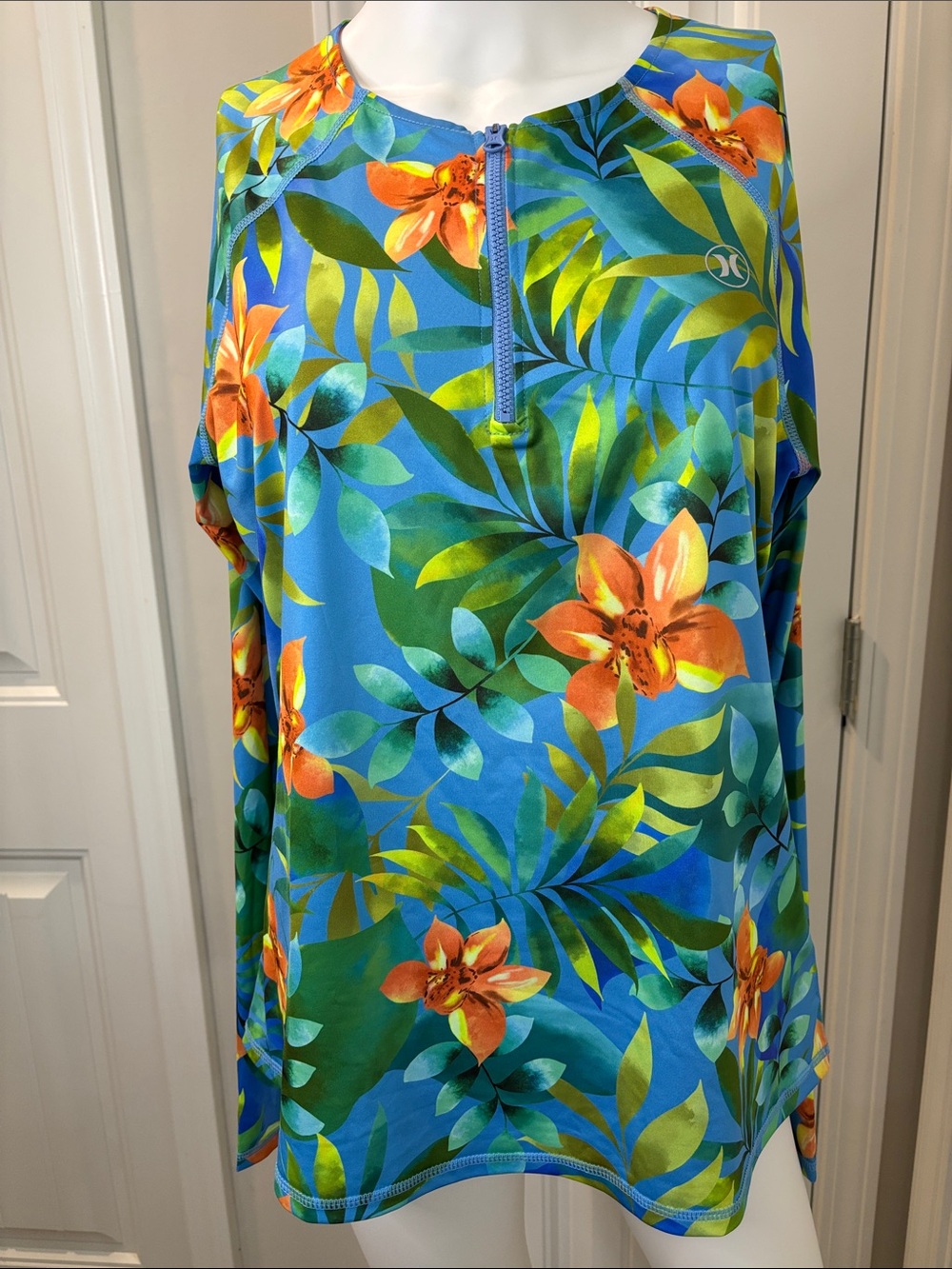 Hurley Blue Tropical Floral Long Sleeve Zip-Front Top Size XL